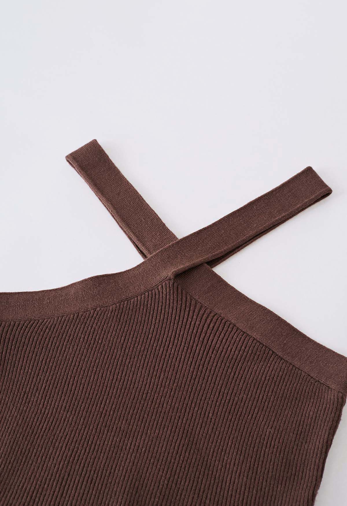 Criss Cross Straps Halter Knit Top in Brown
