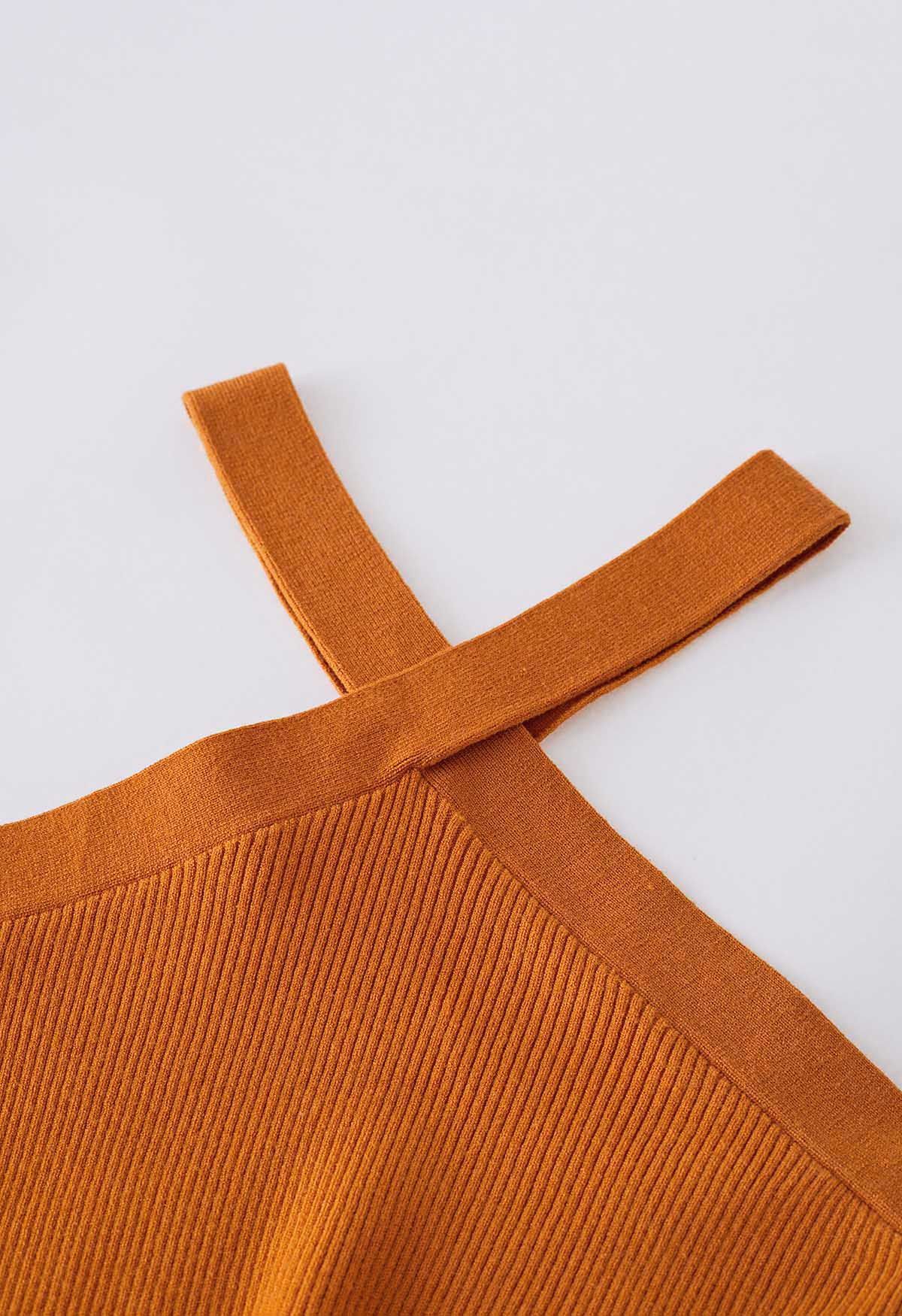 Criss Cross Straps Halter Knit Top in Orange