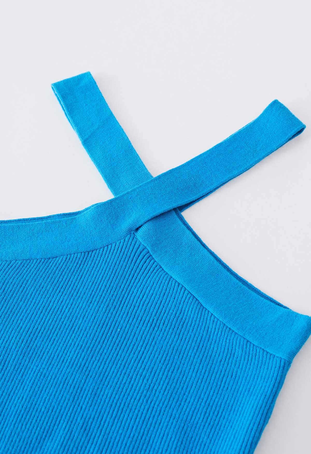 Criss Cross Straps Halter Knit Top in Blue