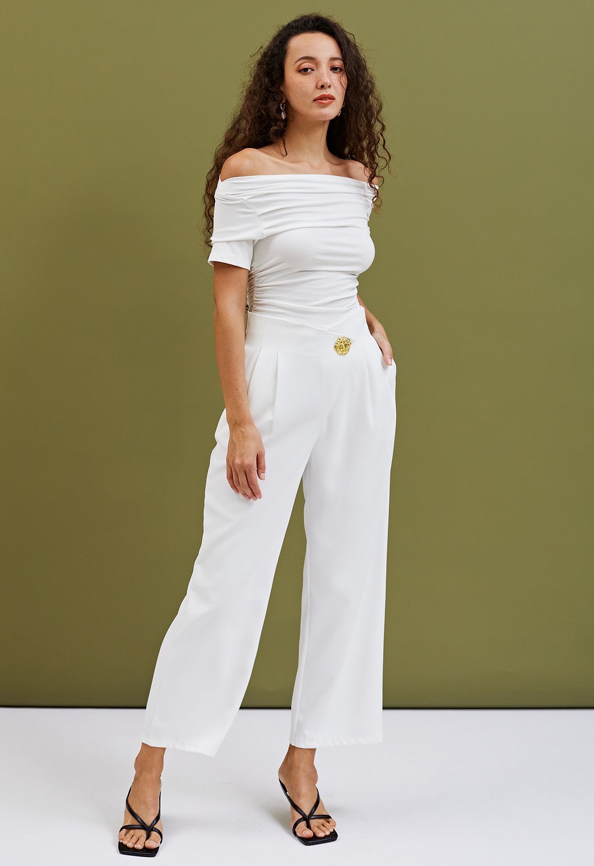 Golden Button Cross Waist Straight-Leg Pants in White