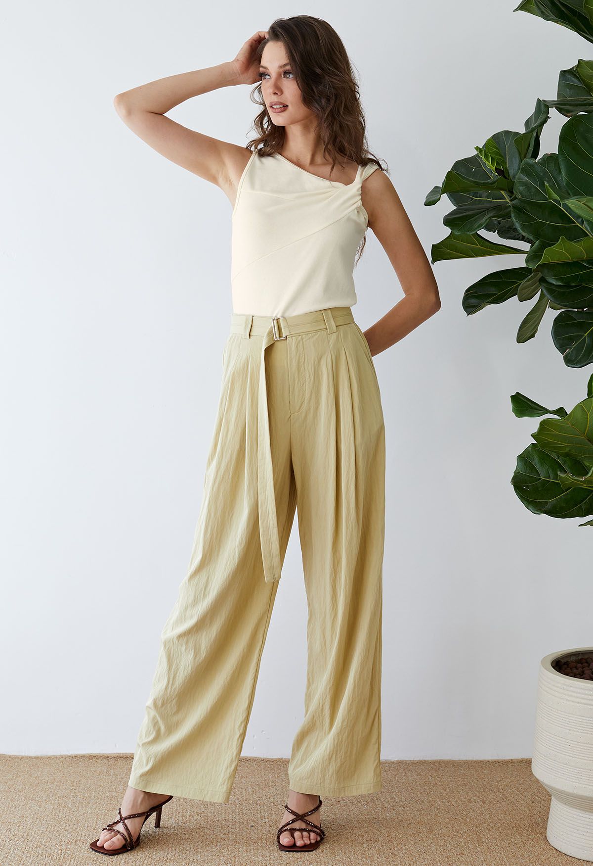 Drape Belt Side Pocket Straight-Leg Pants in Mustard