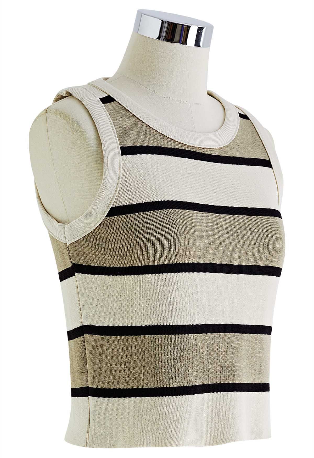 Khaki Striped Knit Tank Top