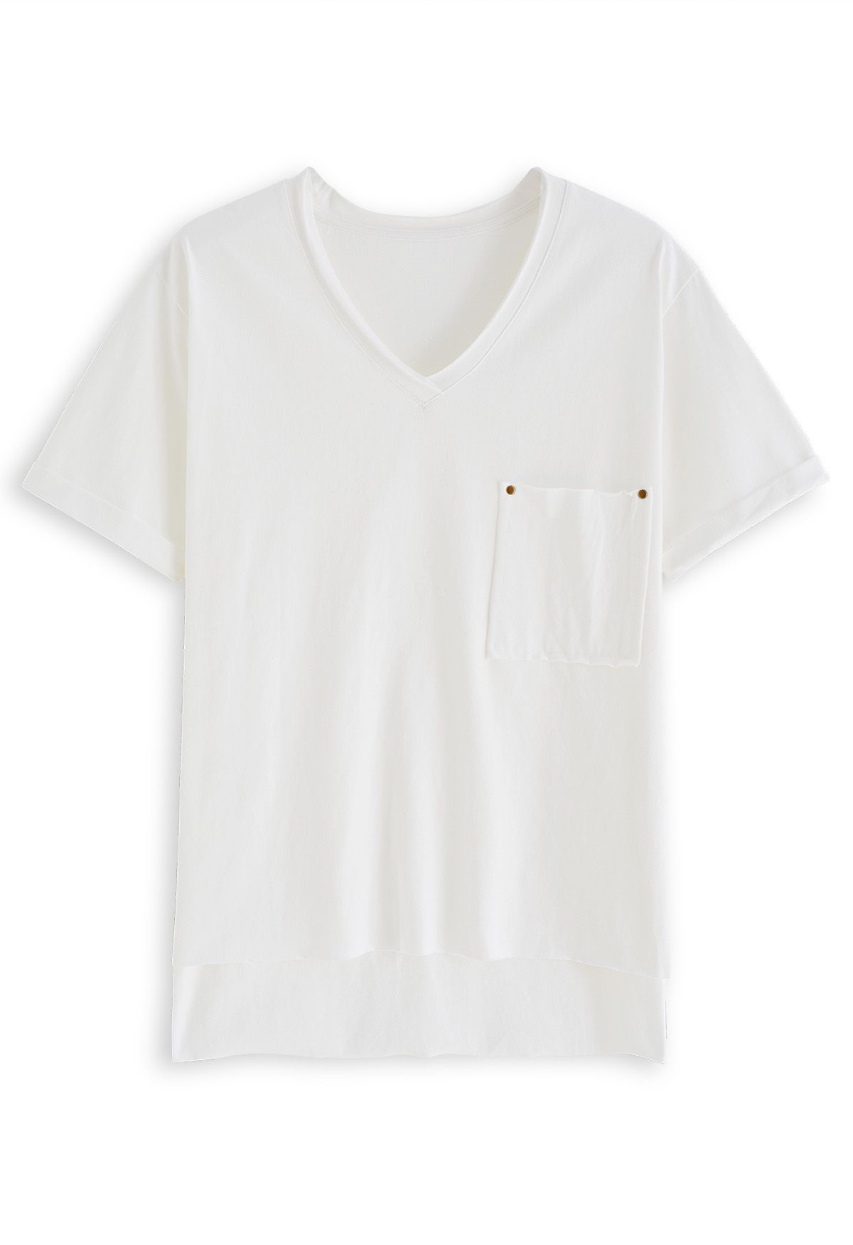 V-Neck Patch Pocket Raw-Cut T-Shirt in White