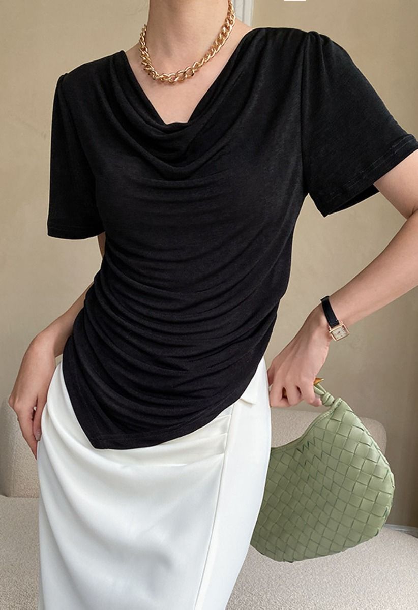 Cowl Neck Ruched Waist Top in Black