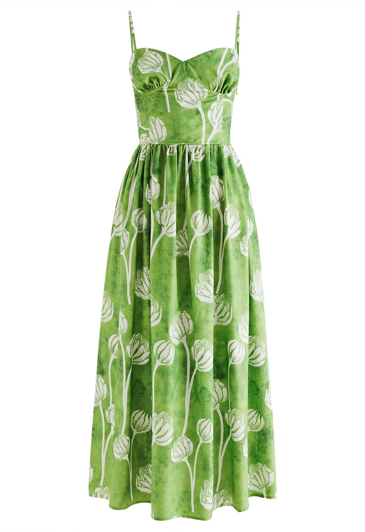 Green Twin Flower Buds Printed Cami Dress