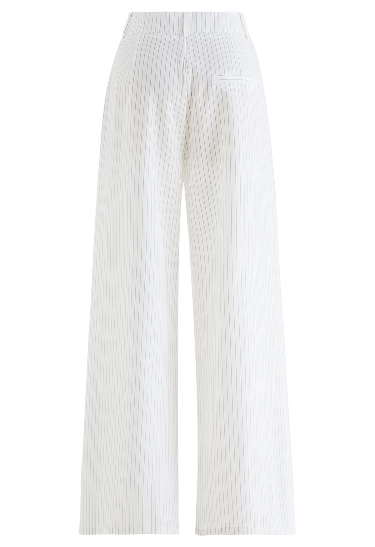 Vertical Stripe Straight-Leg Pants in White