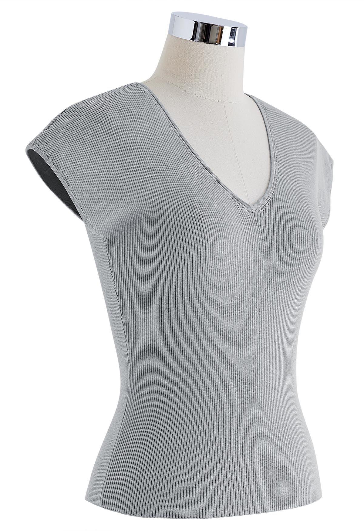 V-Neck Fitted Rib Knit Top in Dusty Blue