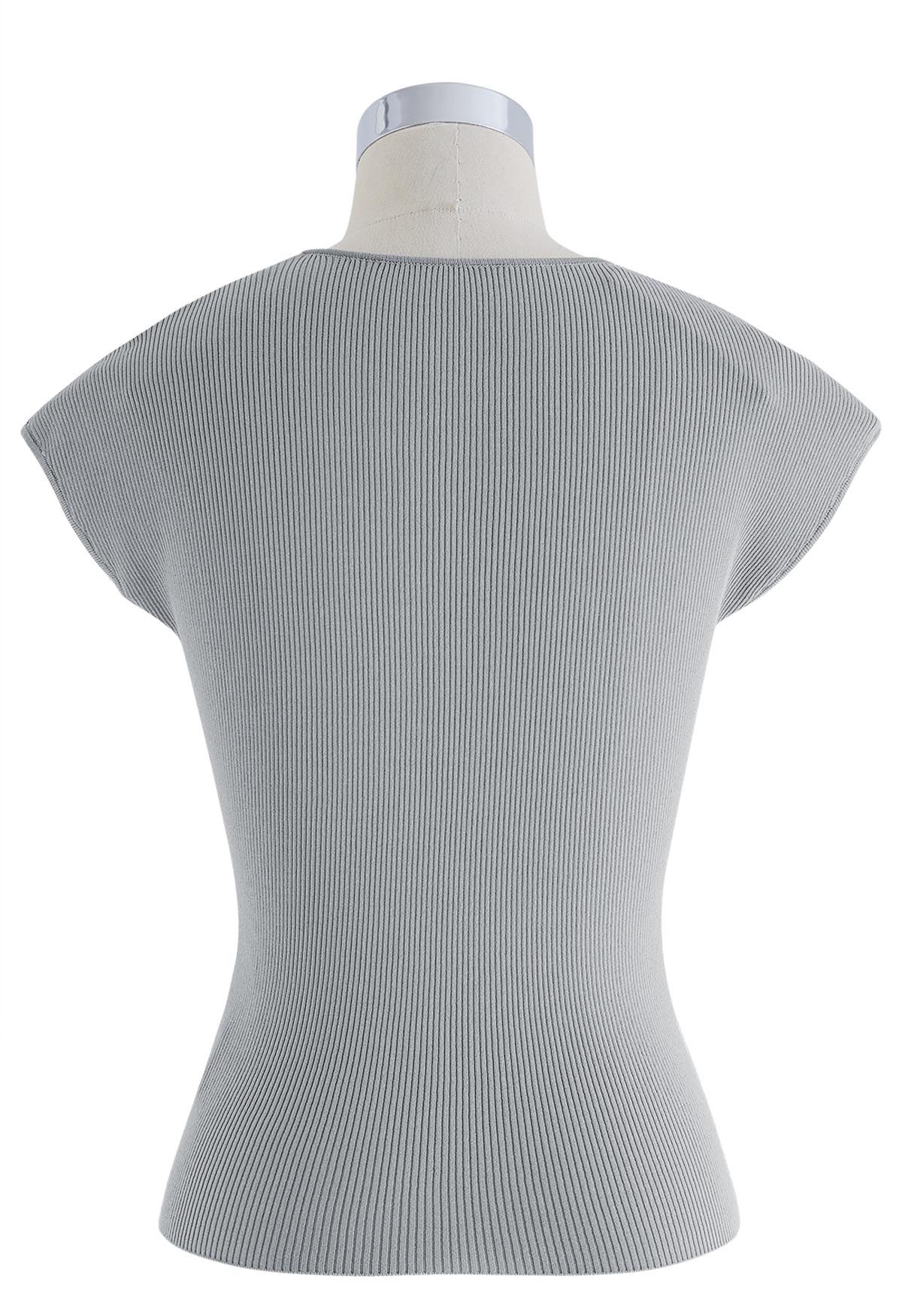 V-Neck Fitted Rib Knit Top in Dusty Blue
