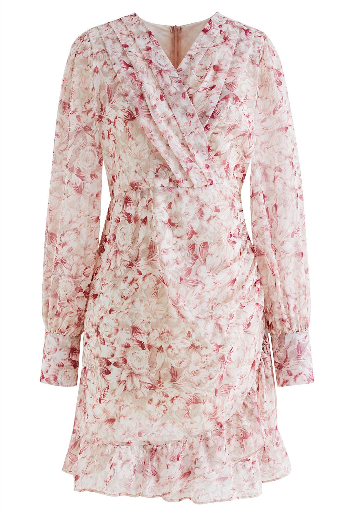 Pink Floral Faux-Wrap Ruffled Mini Dress