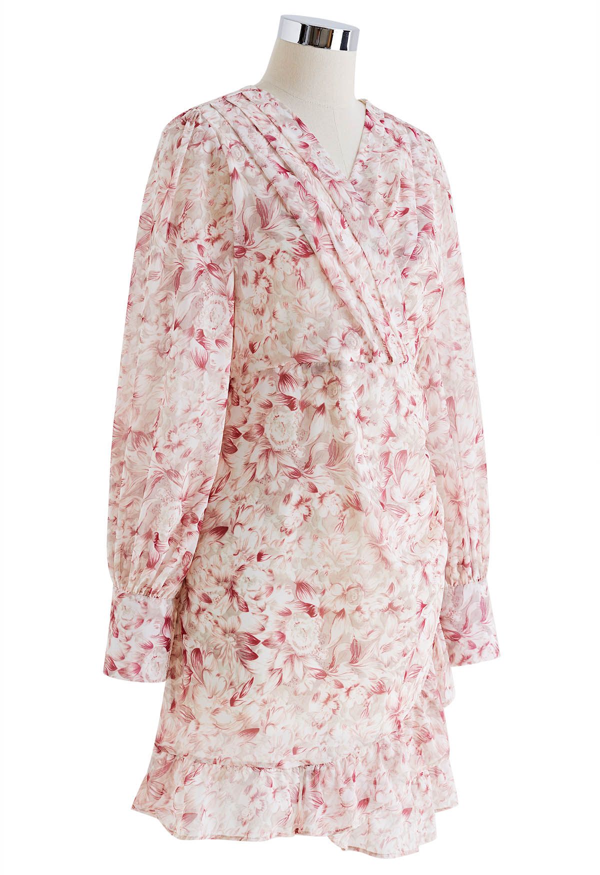 Pink Floral Faux-Wrap Ruffled Mini Dress