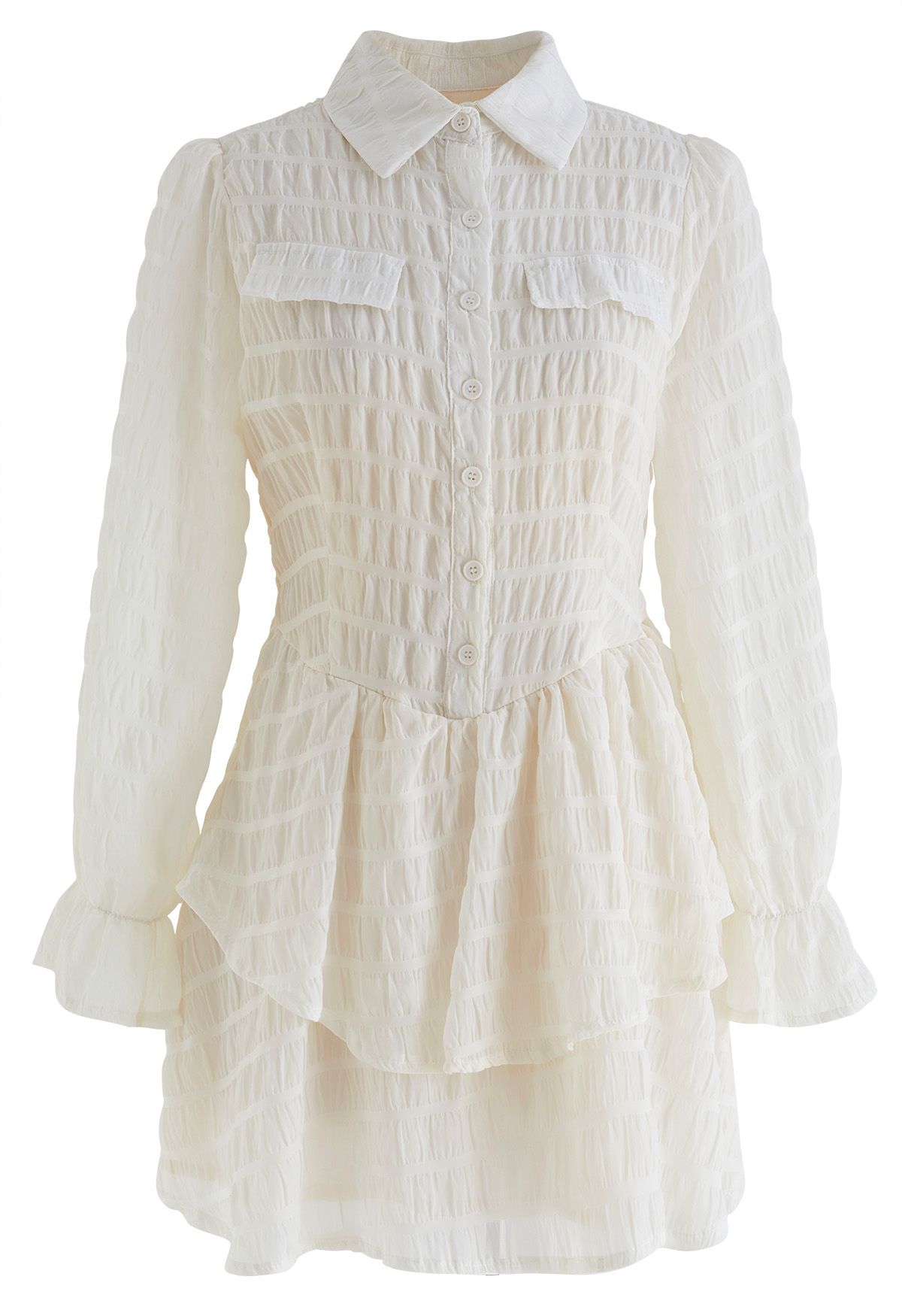 Full Shirring Tiered Mini Dress in Cream