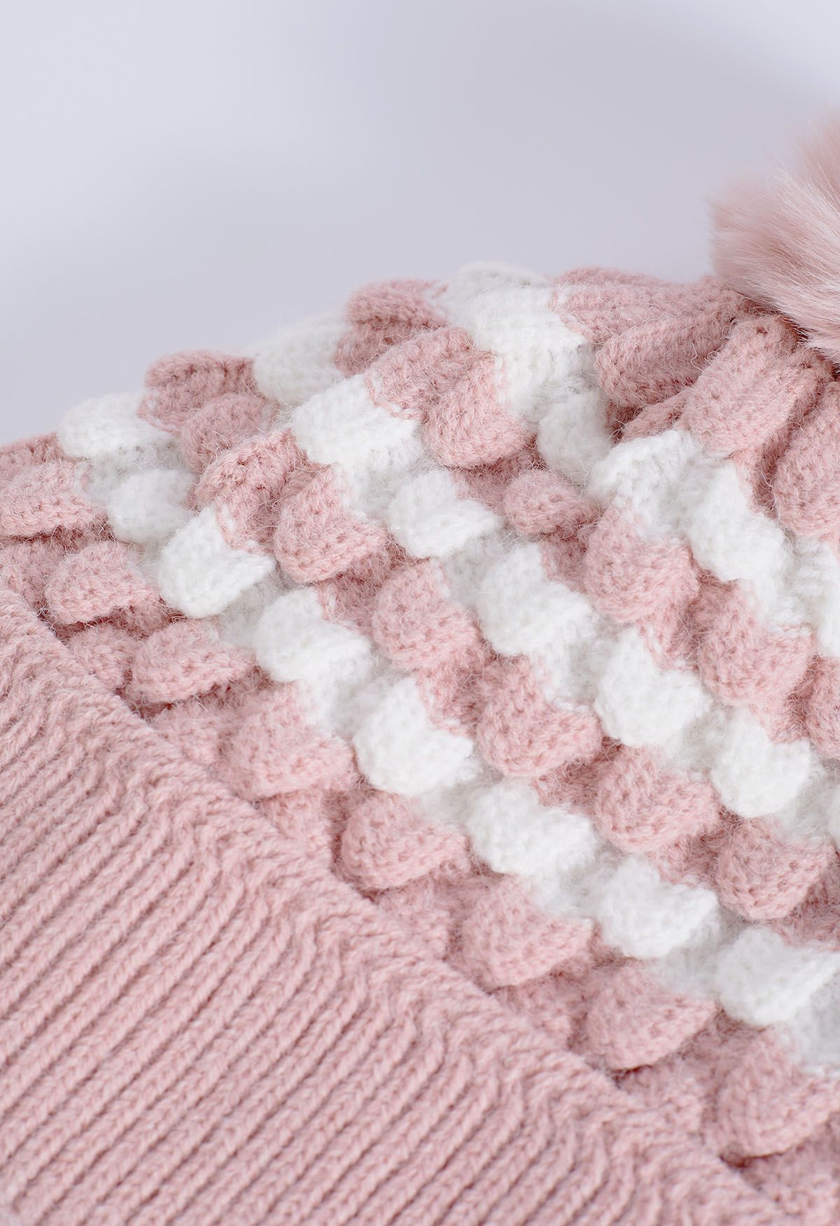 Color Block Pom-Pom Beanie Hat in Pink