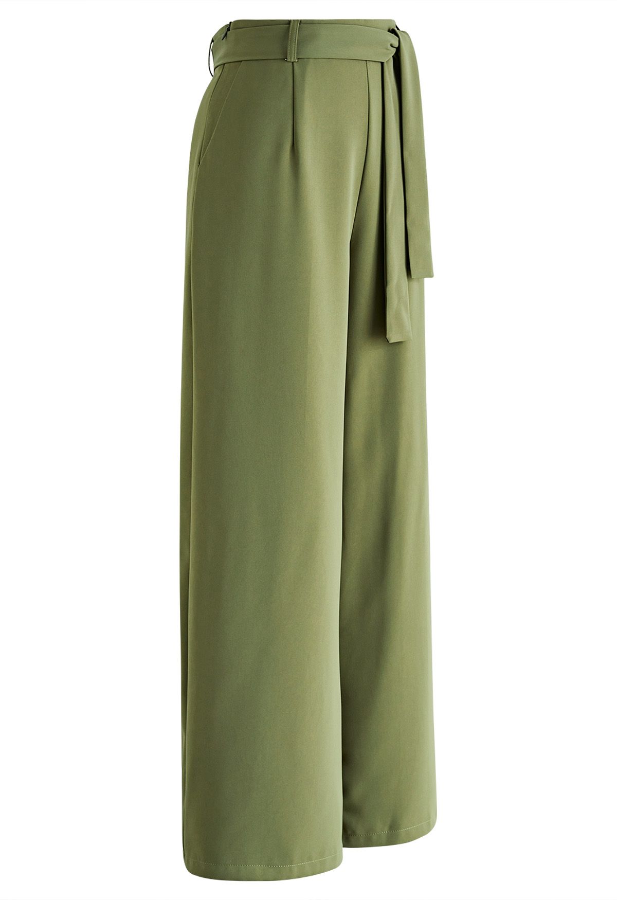 Side-Zip Belted Straight-Leg Pants in Lime