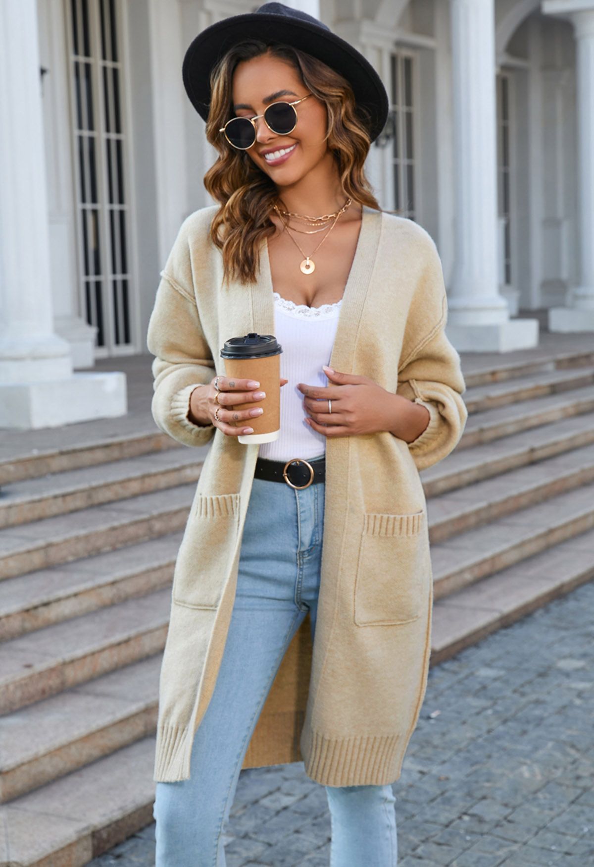 Casual Open Front Oversized Knit Cardigan with Pockets in Light