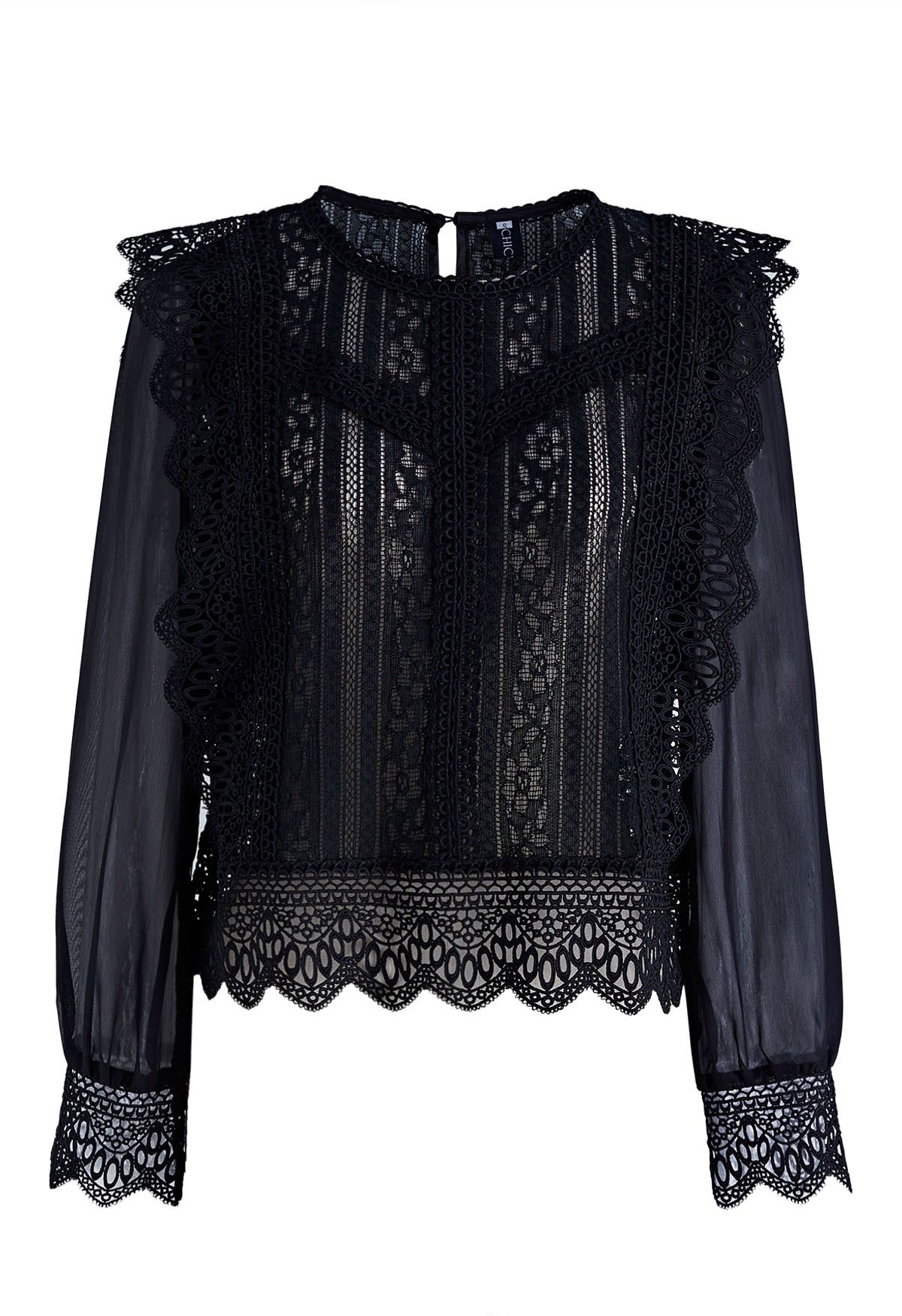 Sheer Sleeve Spliced Cutwork Lace Top in Black