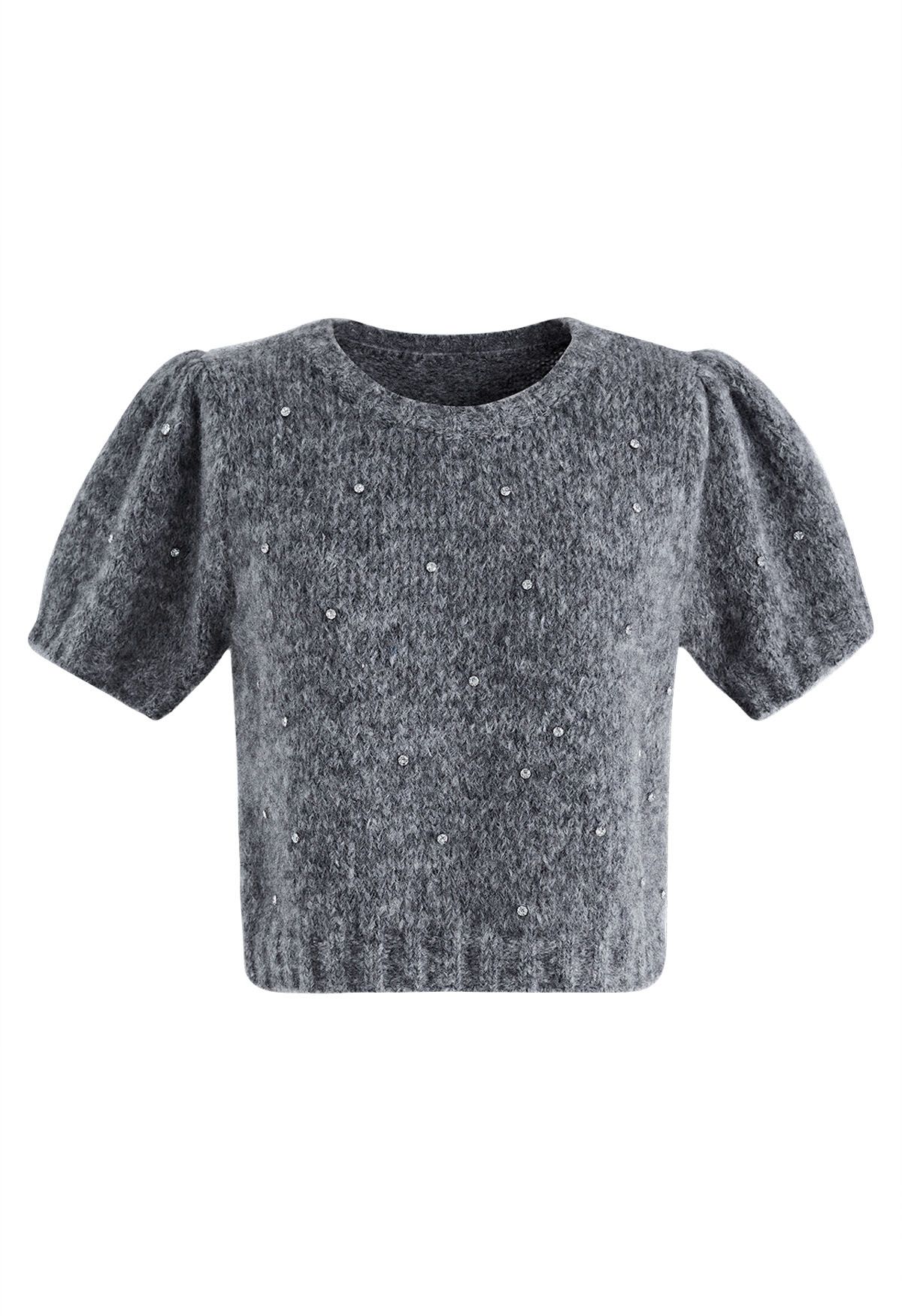 Rhinestone Embellished Fuzzy Knit Sweater in Grey