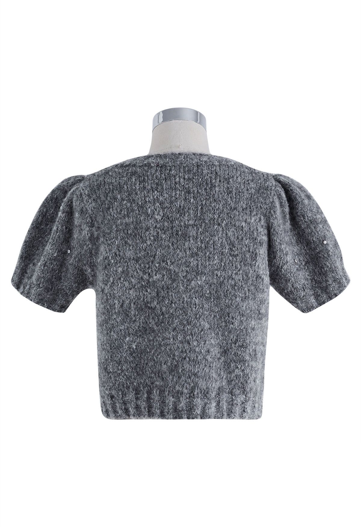 Rhinestone Embellished Fuzzy Knit Sweater in Grey