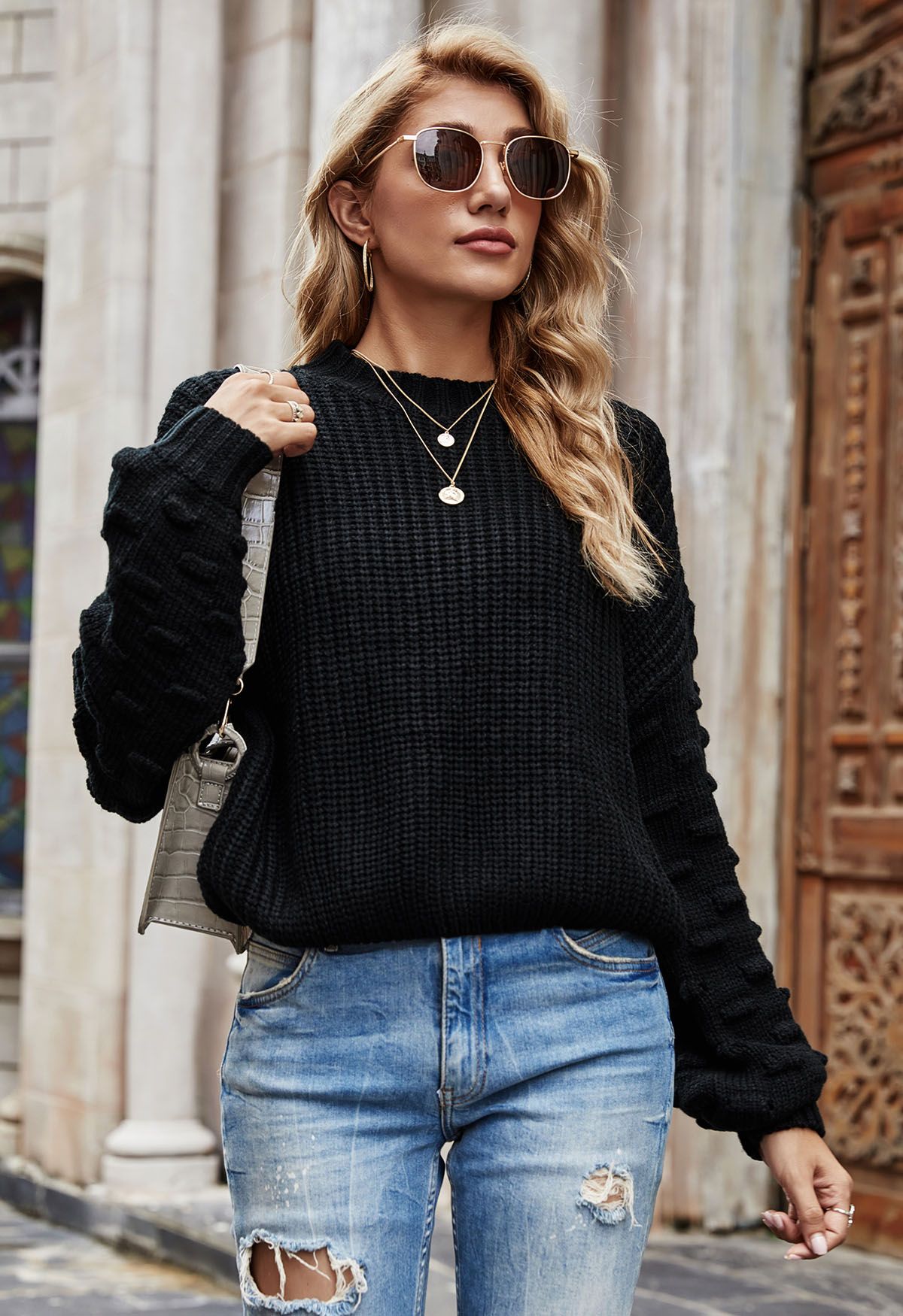 Playful Dotted Puff Sleeve Crop Sweater in Black