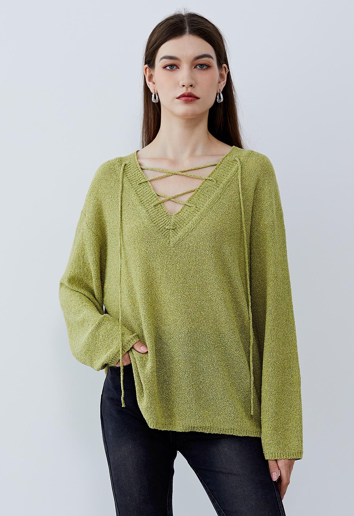 Slouchy V-Neck Lace-Up Knit Sweater in Moss Green