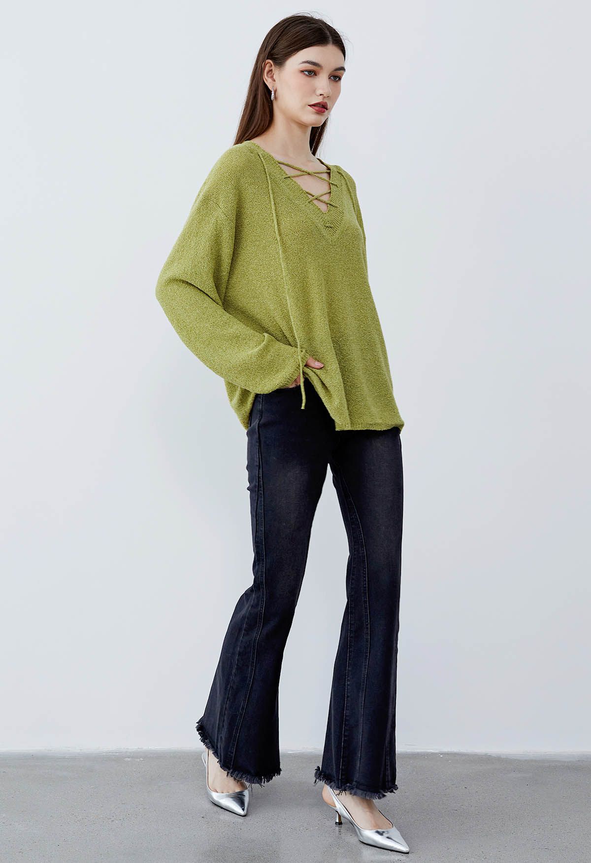 Slouchy V-Neck Lace-Up Knit Sweater in Moss Green - Retro, Indie