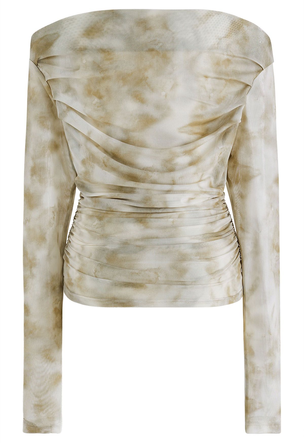 Tie Dye Off-Shoulder Soft Mesh Ruched Top in Khaki