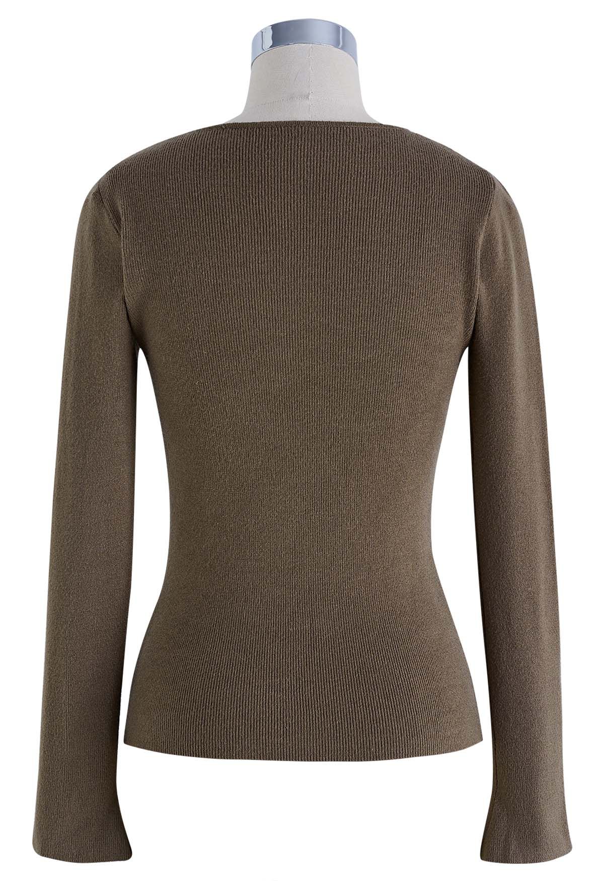Notch Neckline Fitted Knit Top in Taupe