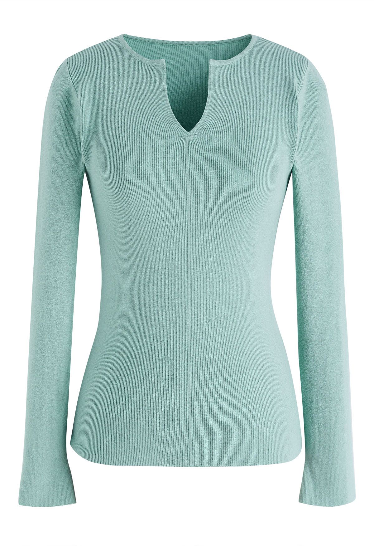 Notch Neckline Fitted Knit Top in Mint