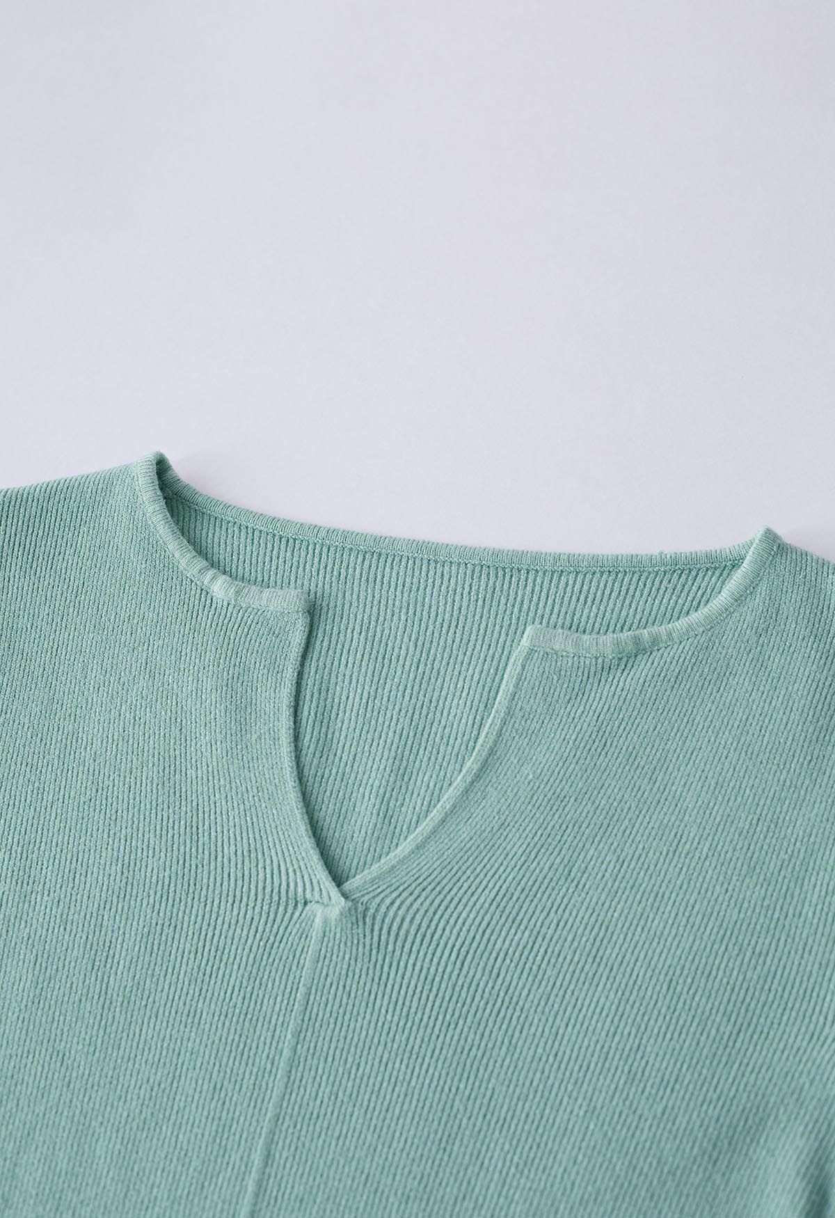 Notch Neckline Fitted Knit Top in Mint