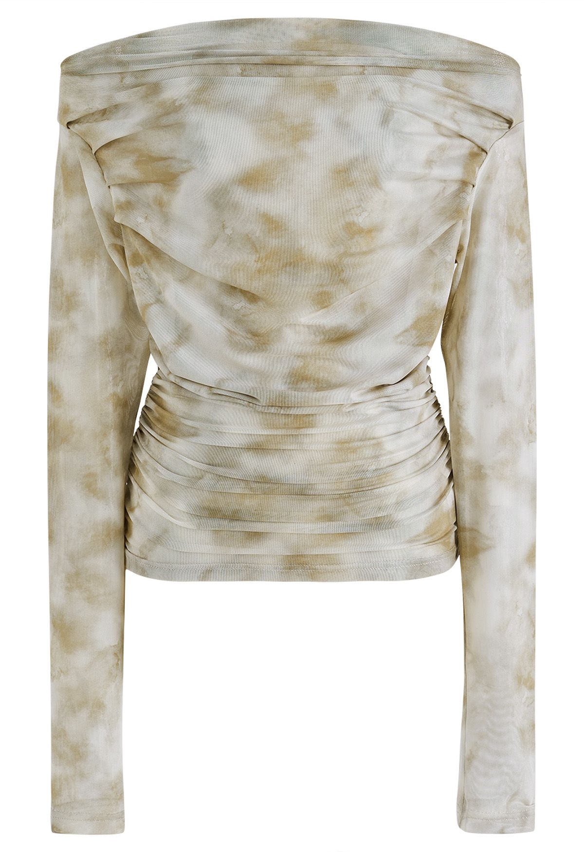 Tie Dye Off-Shoulder Soft Mesh Ruched Top in Khaki