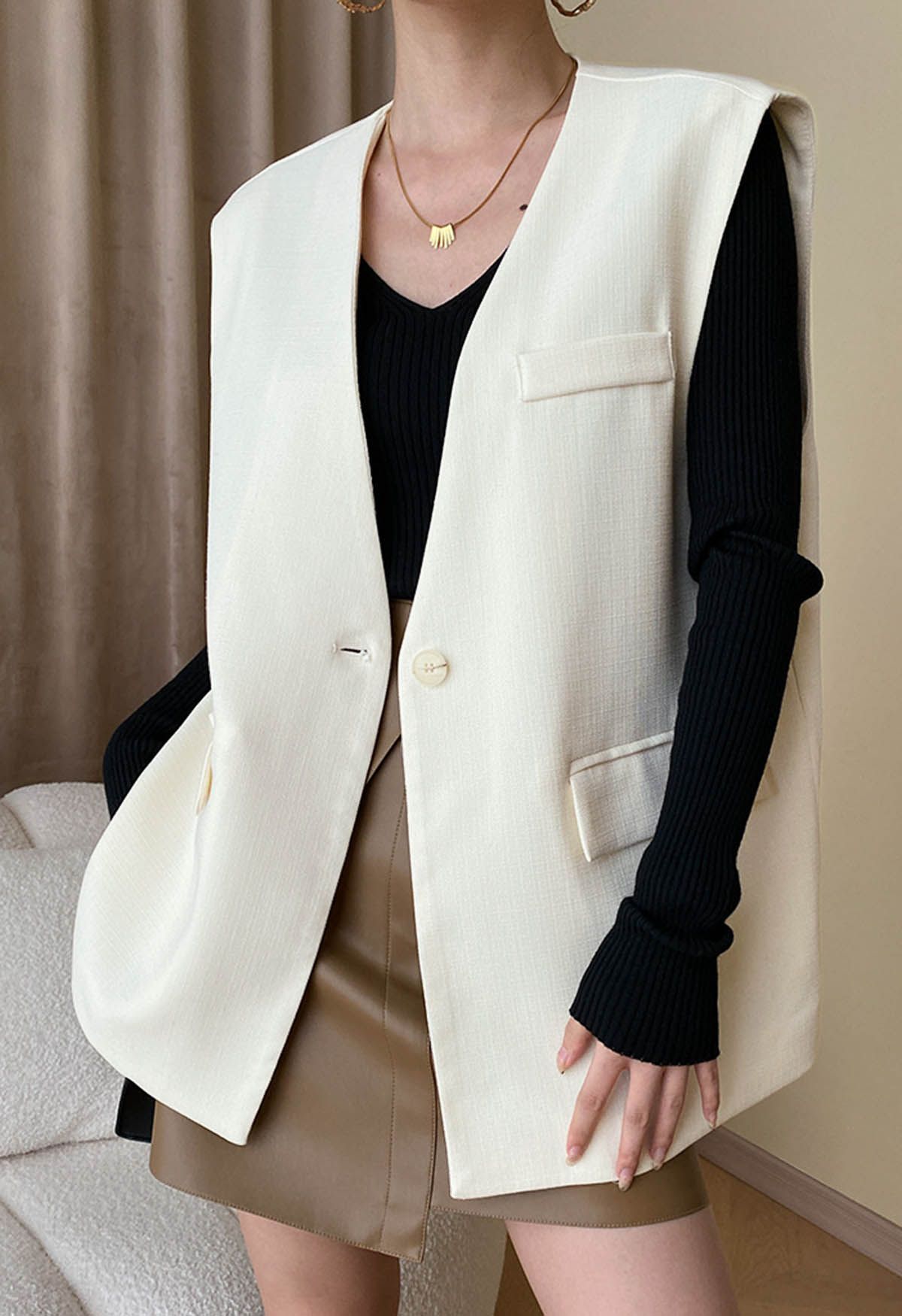 Flap Pocket Vest Blazer in Ivory