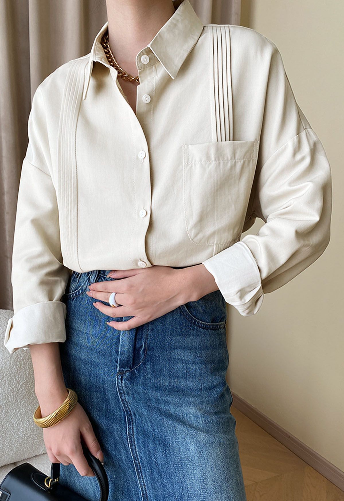 Sleek Pintuck Detail Button Down Shirt in Cream