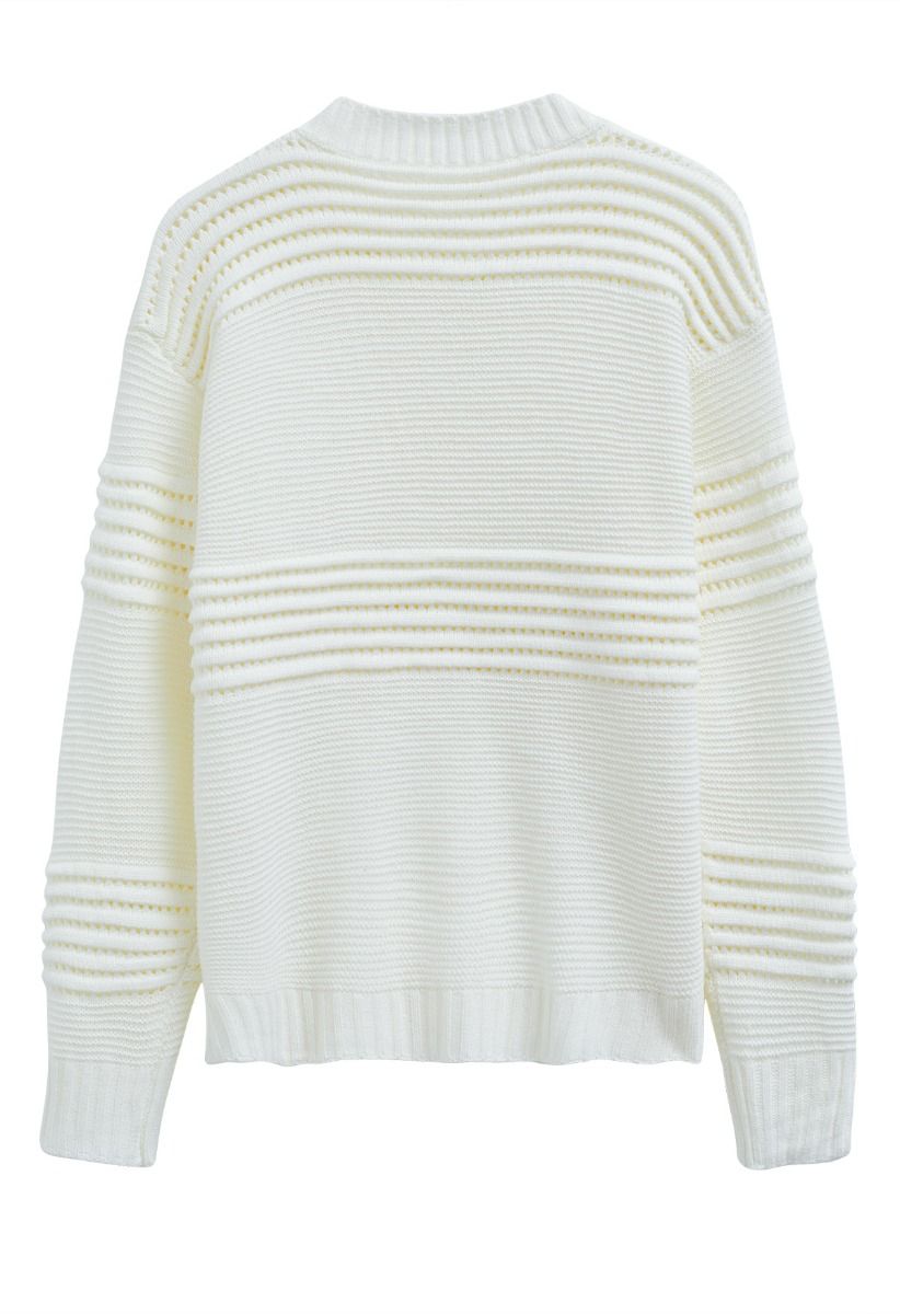 Stripe Embossed Openwork Knit Sweater in White
