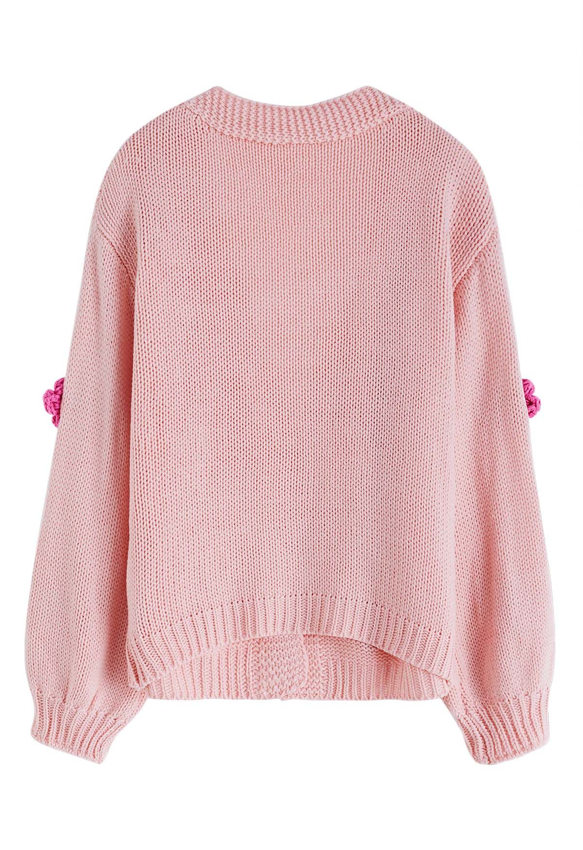 3D Stitch Flower Open Front Knit Cardigan in Pink