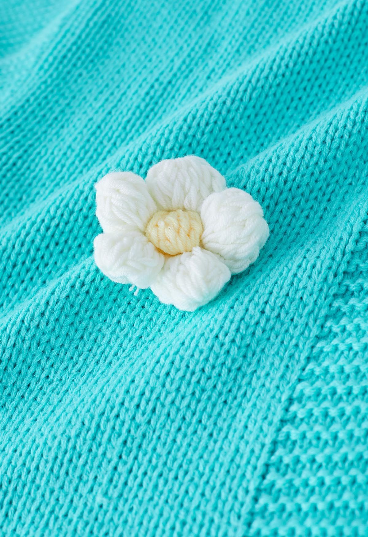 3D Stitch Flower Open Front Knit Cardigan in Blue