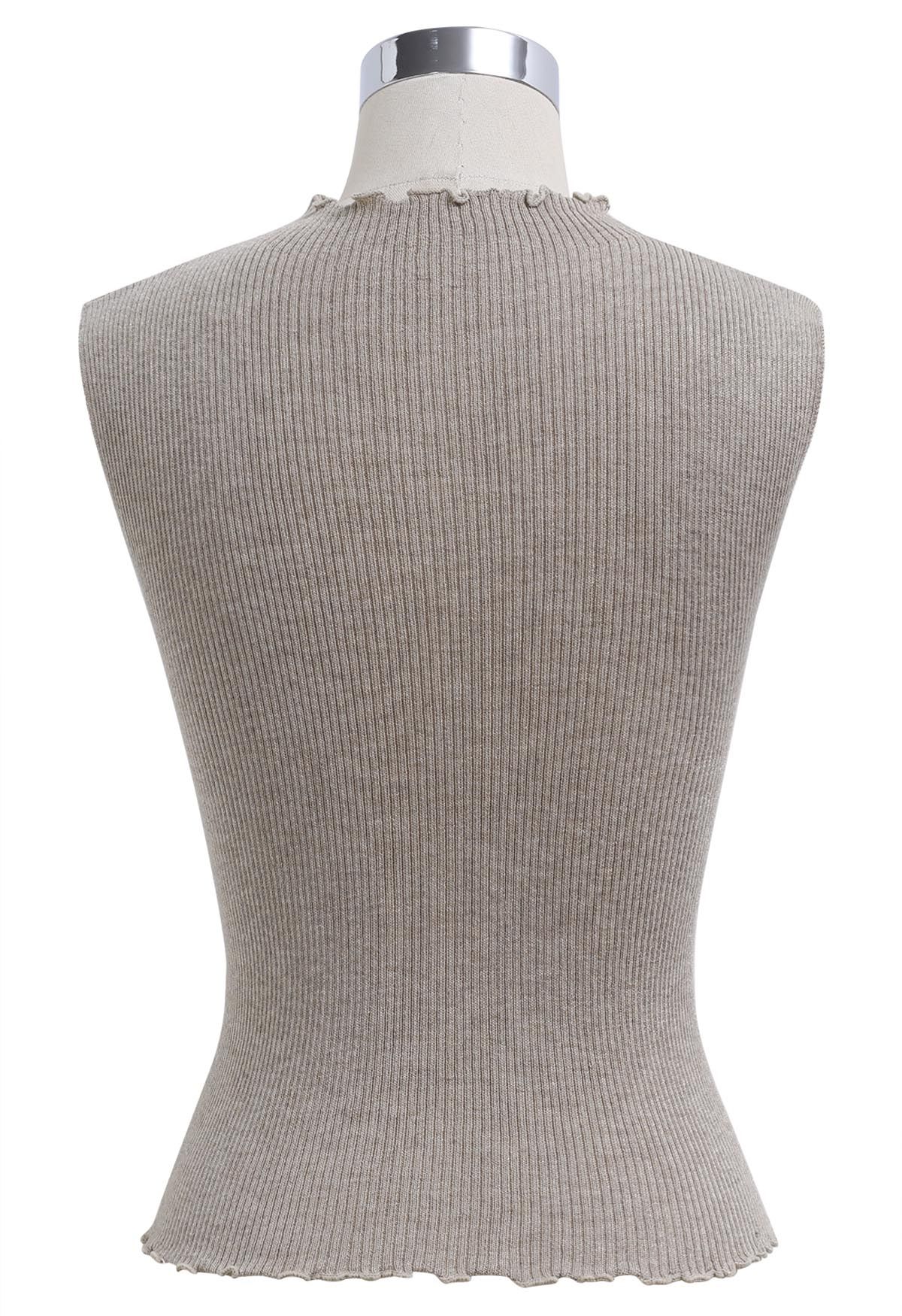 Glittery Lettuce Edge Sleeveless Knit Top in Taupe