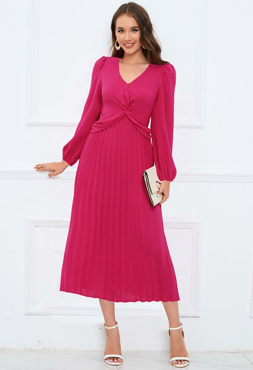 V-Neck Twisted Front Pleated Dress in Magenta