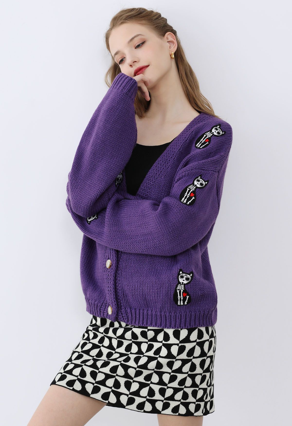 Skeleton Cat Buttoned Knit Cardigan