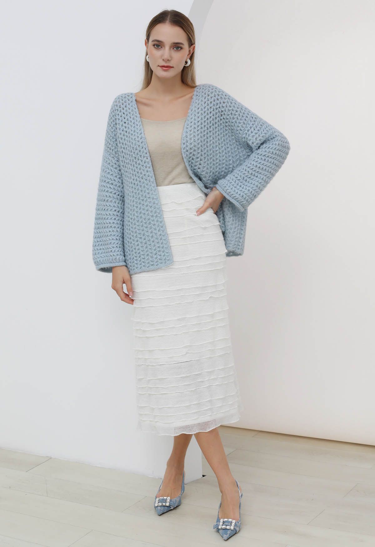 Open Front Hollow Out Knit Cardigan in Blue