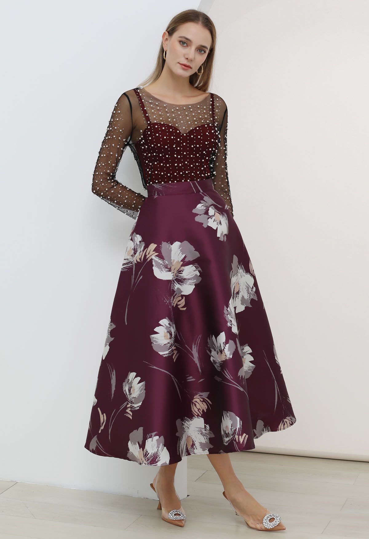 Blooming Floral Jacquard Maxi Skirt in Burgundy
