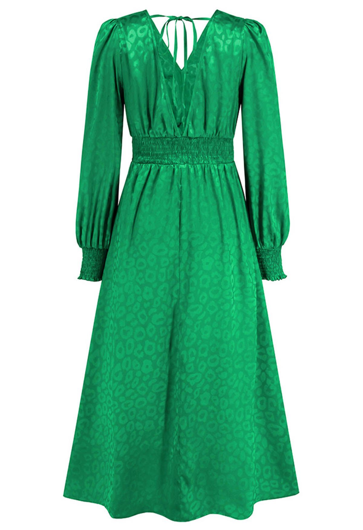 Glossy Leopard Jacquard Ruffle Maxi Dress in Green