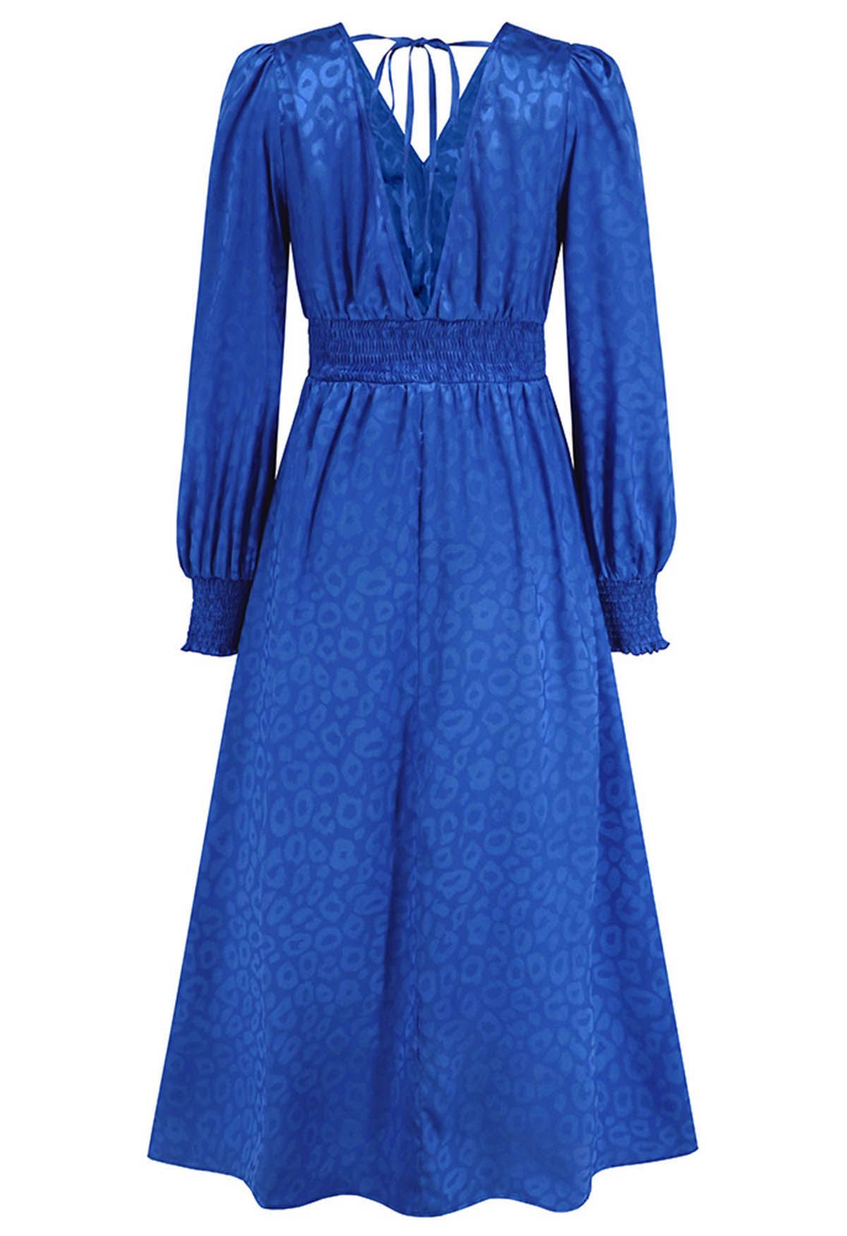 Glossy Leopard Jacquard Ruffle Maxi Dress in Indigo