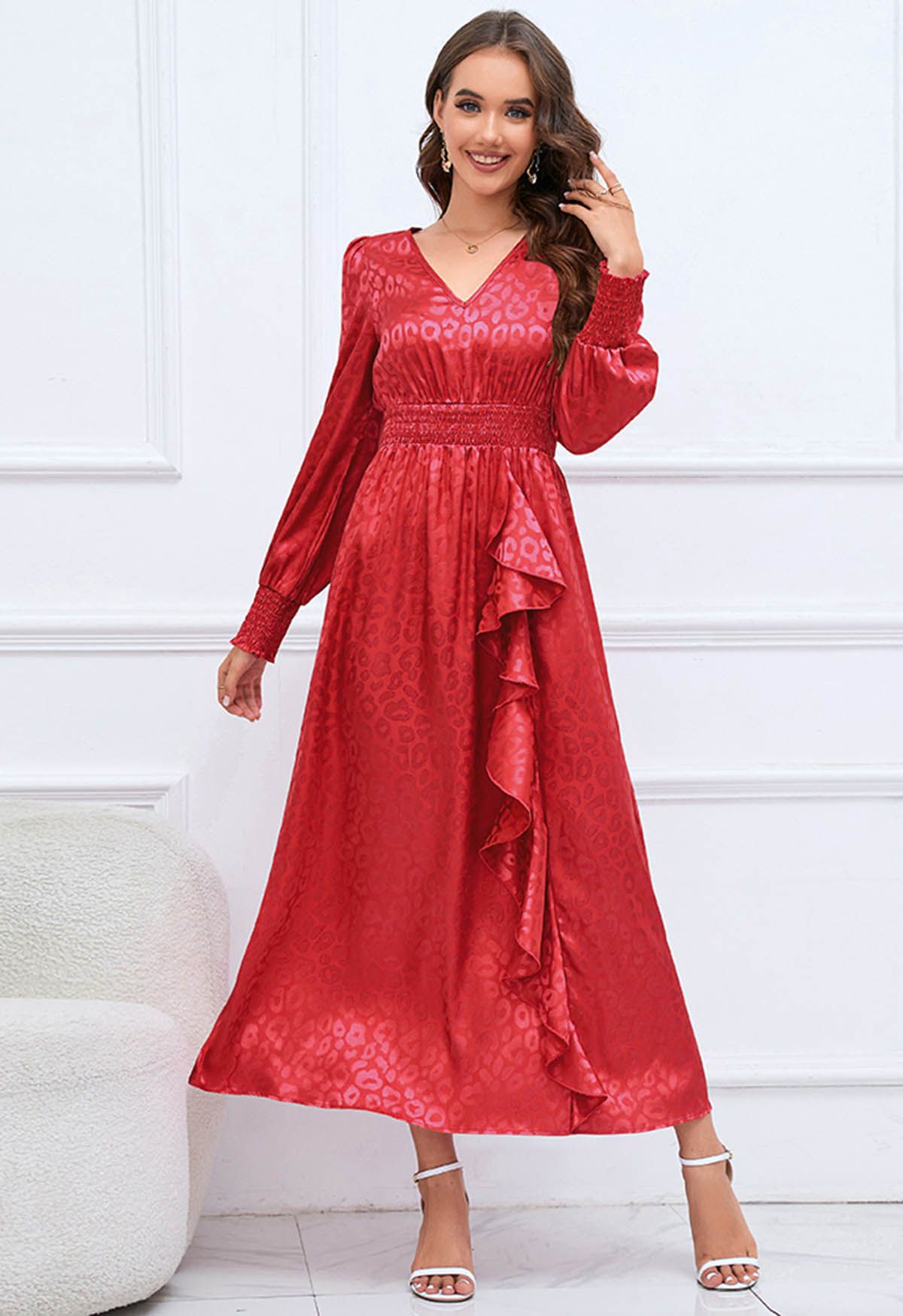 Glossy Leopard Jacquard Ruffle Maxi Dress in Red