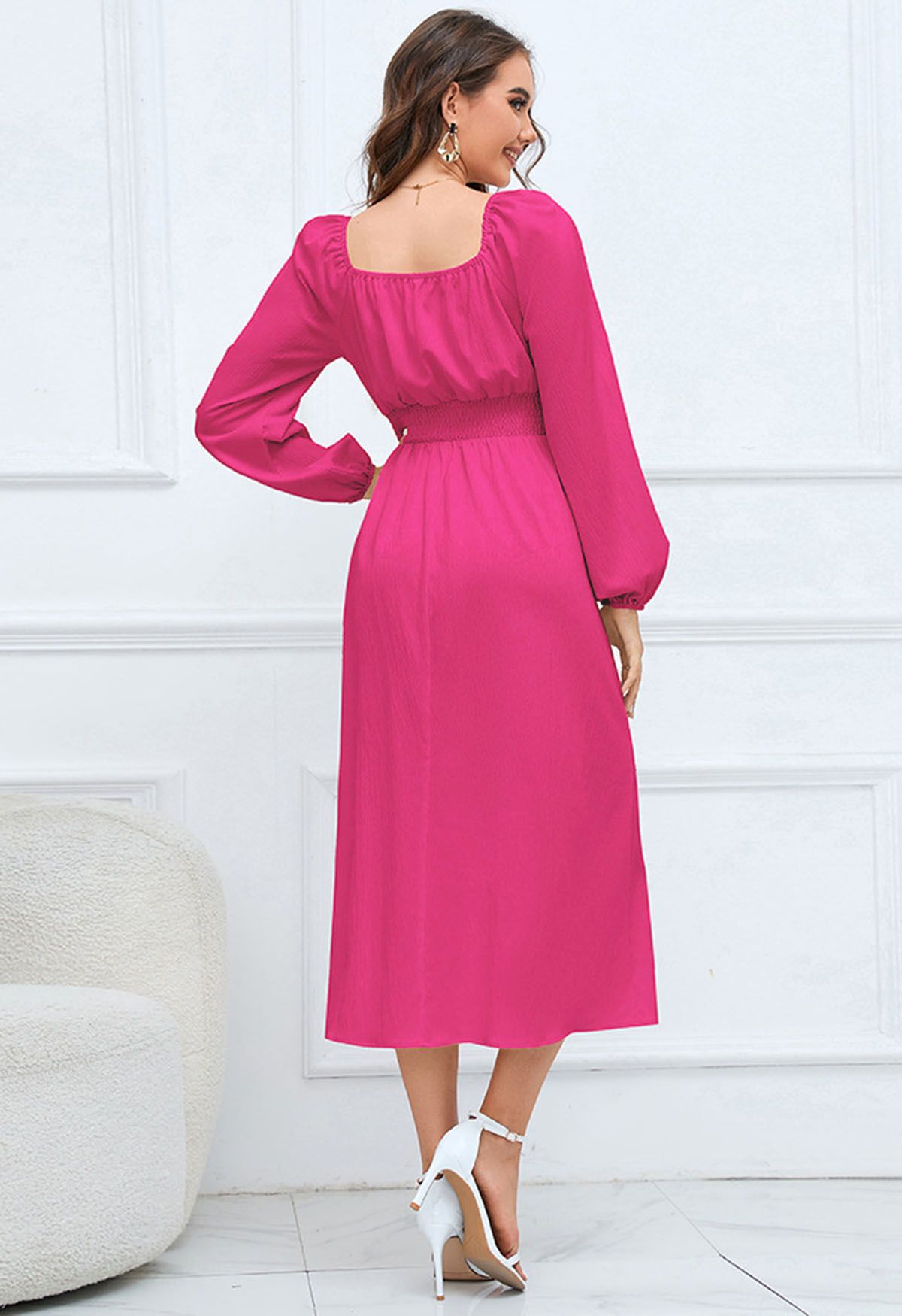 Sweetheart Neck Tie Front Midi Dress in Magenta