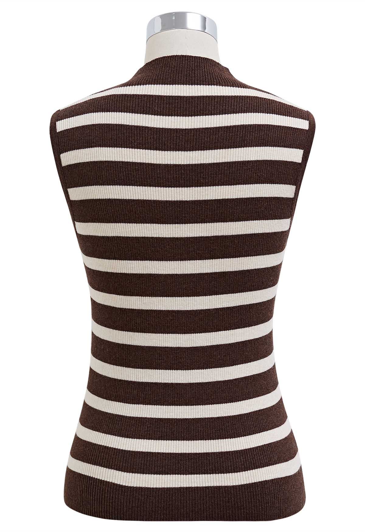 Contrast Stripe Sleeveless Knit Top in Brown