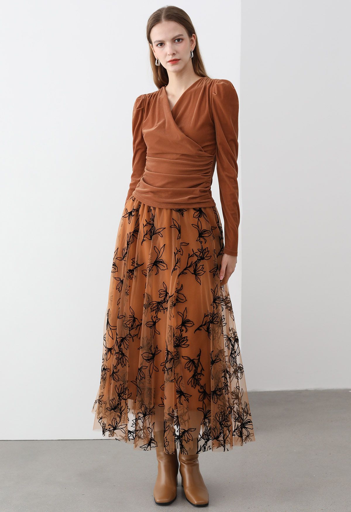 Velvet Magnolia Double-Layered Mesh Maxi Skirt in Orange