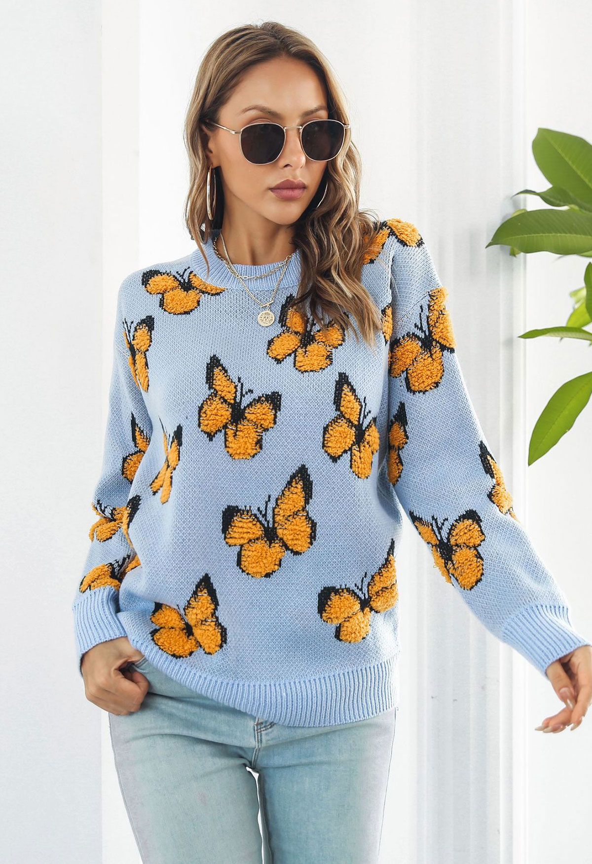 Balletic Butterfly Ribbed Knit Sweater in Blue