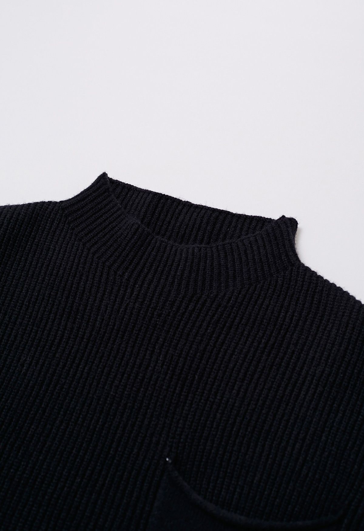 Patch Pocket Ribbed Knit Sweater in Black