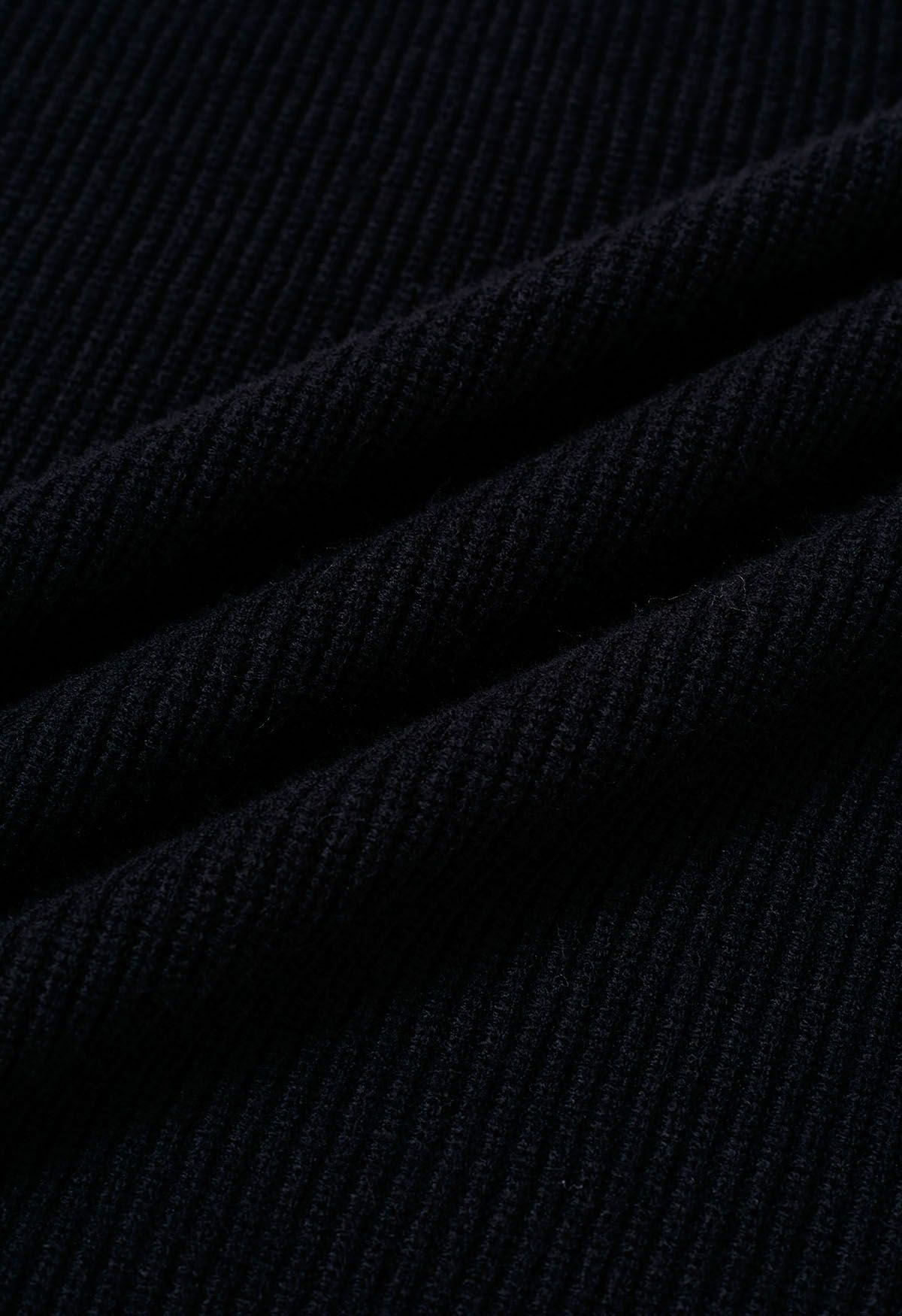 Patch Pocket Ribbed Knit Sweater in Black