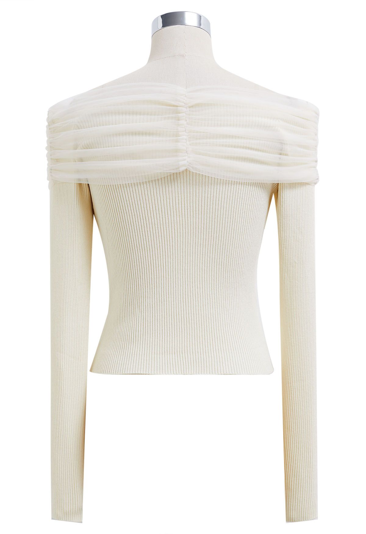 Off-Shoulder Mesh Spliced Knit Top in Cream