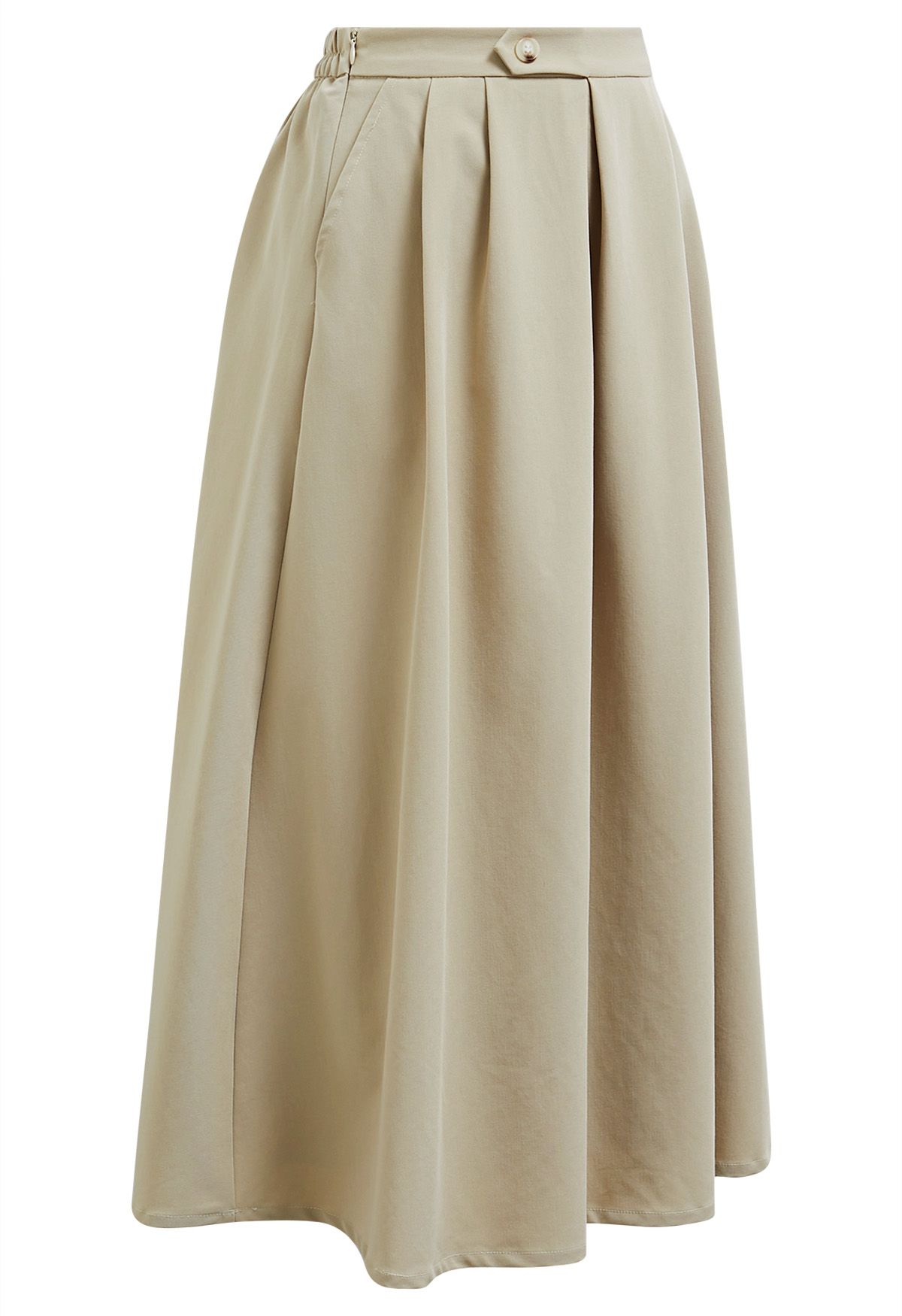 Button Decorated Pleated A-Line Skirt in Light Khaki